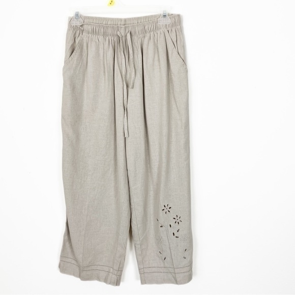 VINTAGE 90s Erika Linen Beige Embroidered Set Pants Medium Top Large Casual - Picture 6 of 11